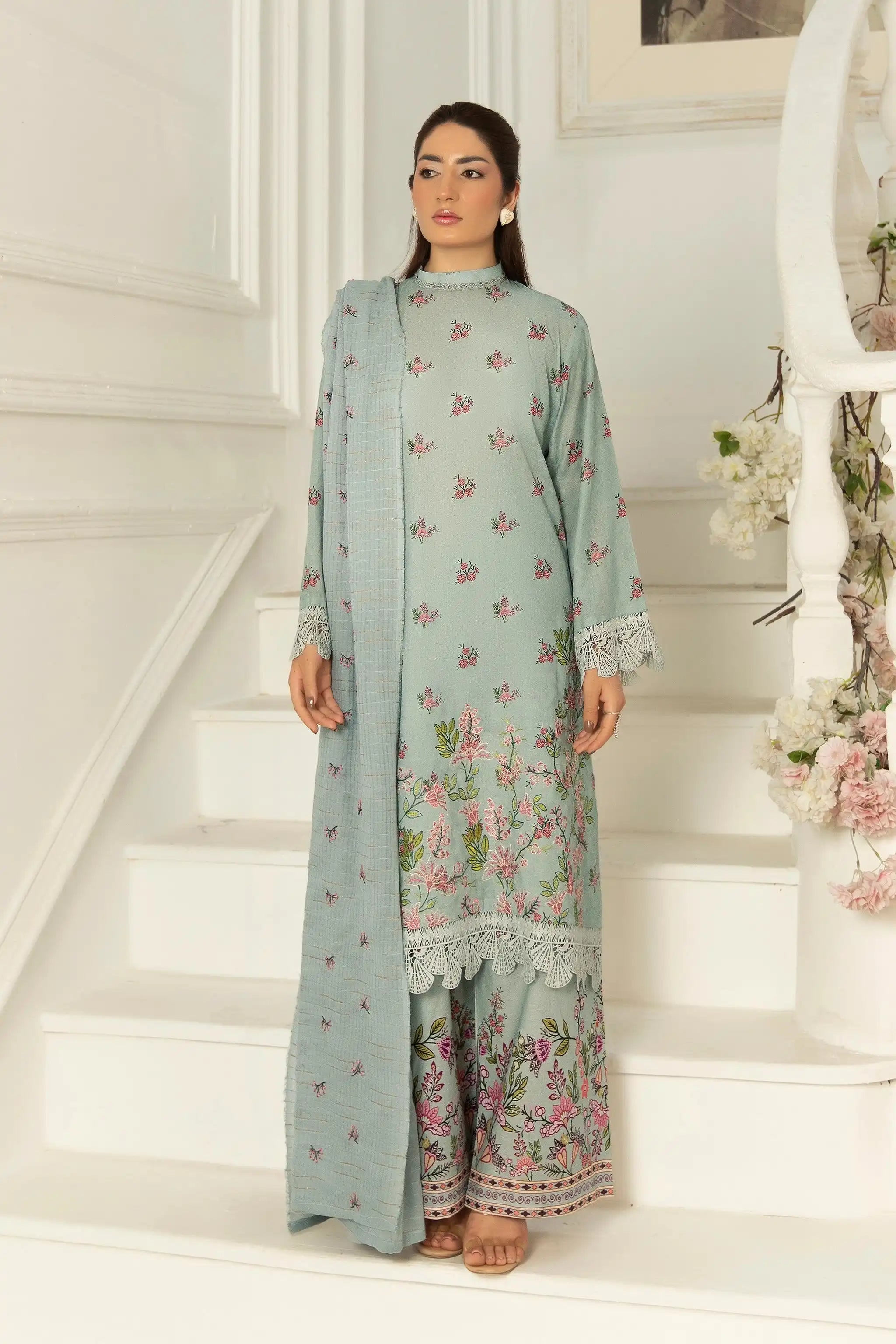 3 Piece Unstitched Cambridge Blue Premium Emb Jacquard Lawn