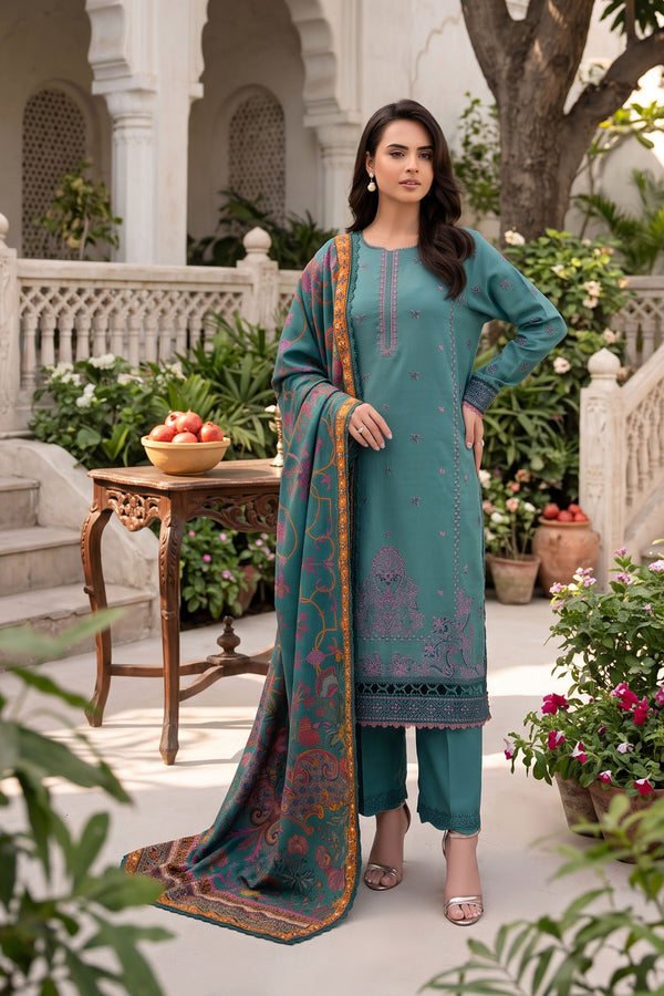 Unstitched Premium Printed 3-Piece Beetle Green Suit
