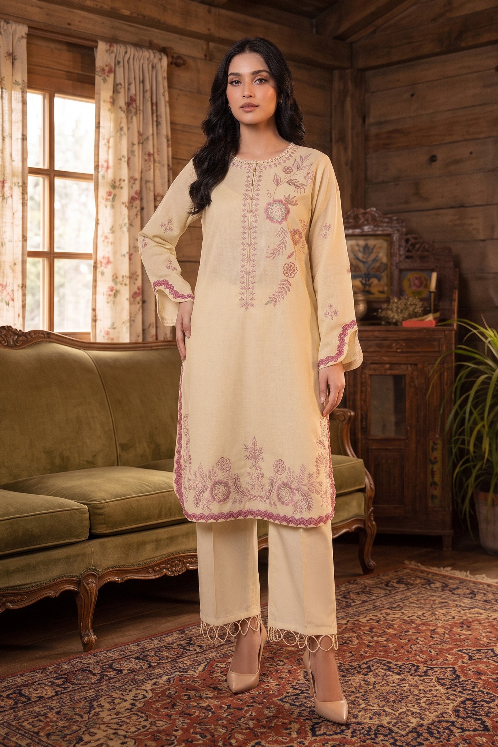 Beige 2 Piece Unstitched Dyed Embroidered Lawn Main image
