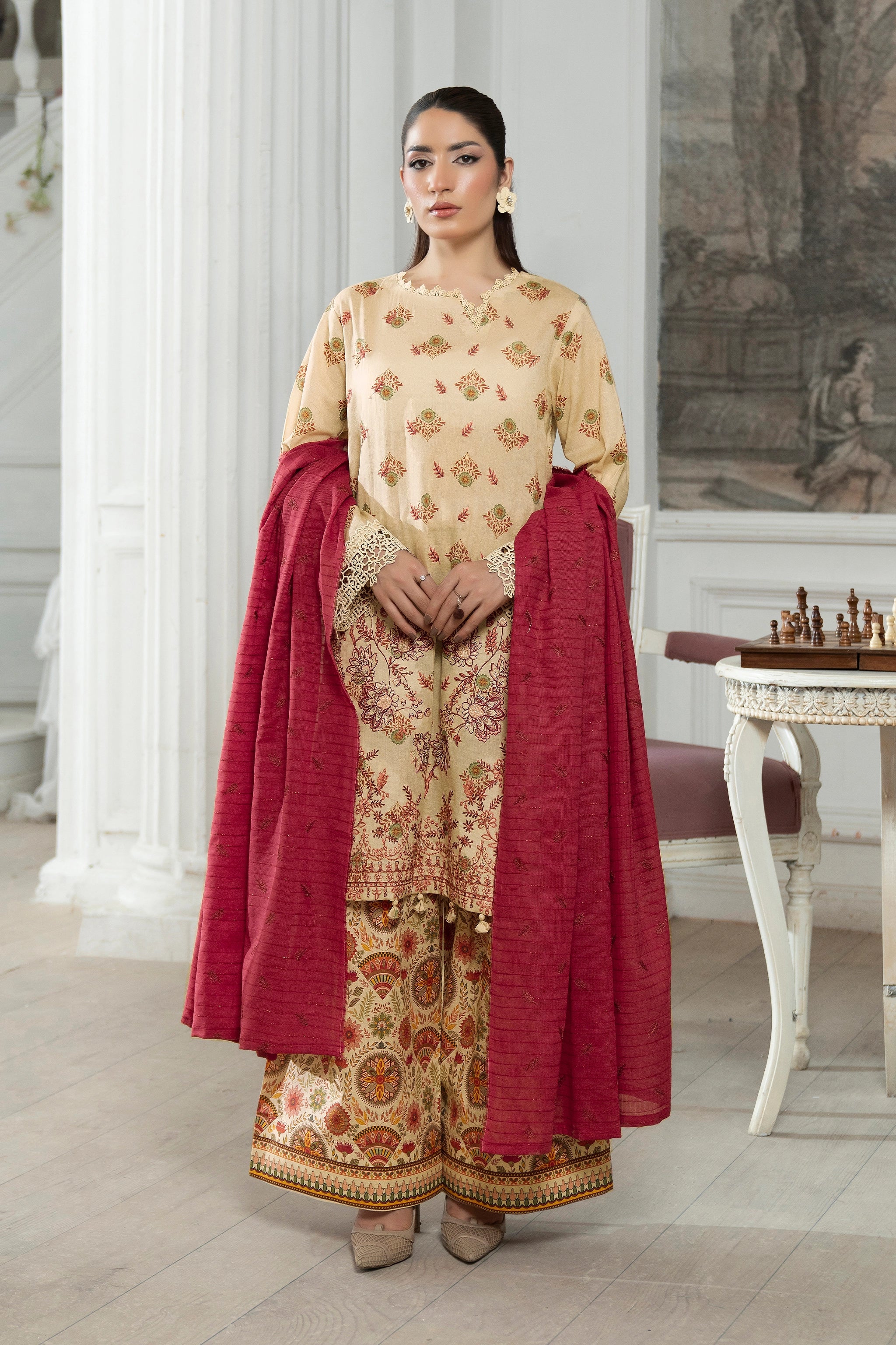 3 Piece Unstitched Desert Sand Premium Emb Jacquard Lawn