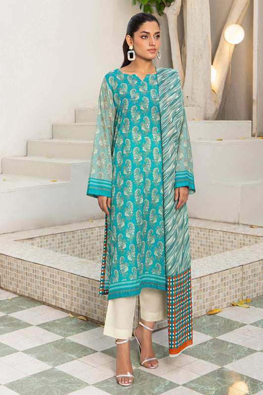 3 Piece Unstitched Aqua Blue Printed Lawn - SafaNoor