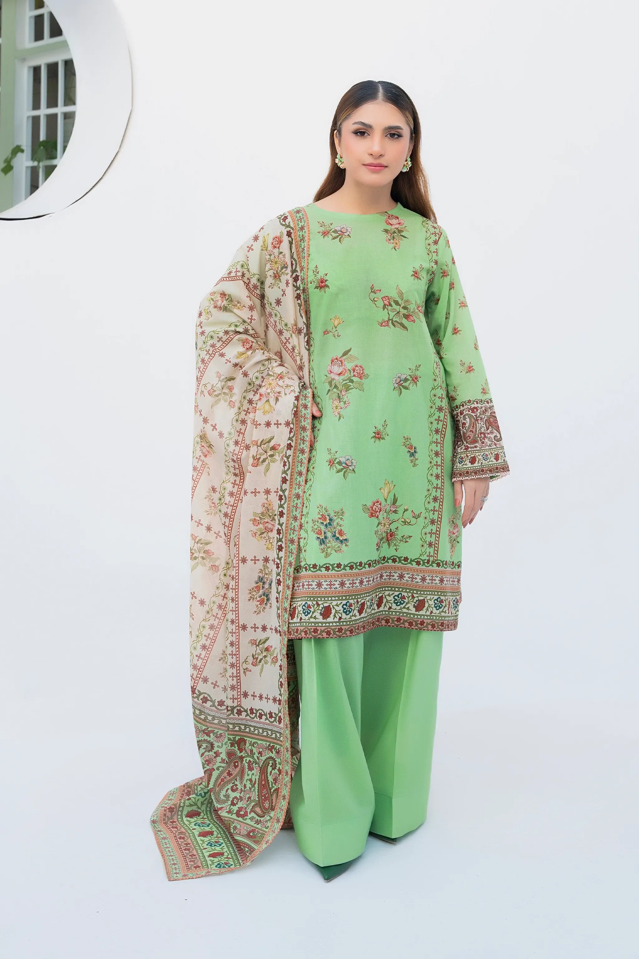 3 Piece Unstitched Light Green Premium Printed Lawn