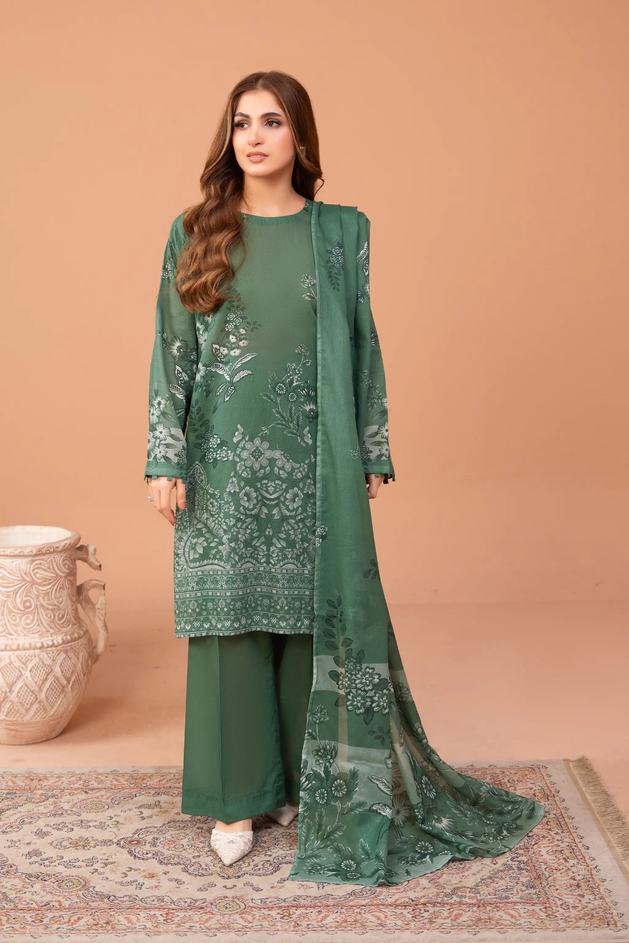 3 Piece Unstitched Hunter Green Premium Printed Lawn
