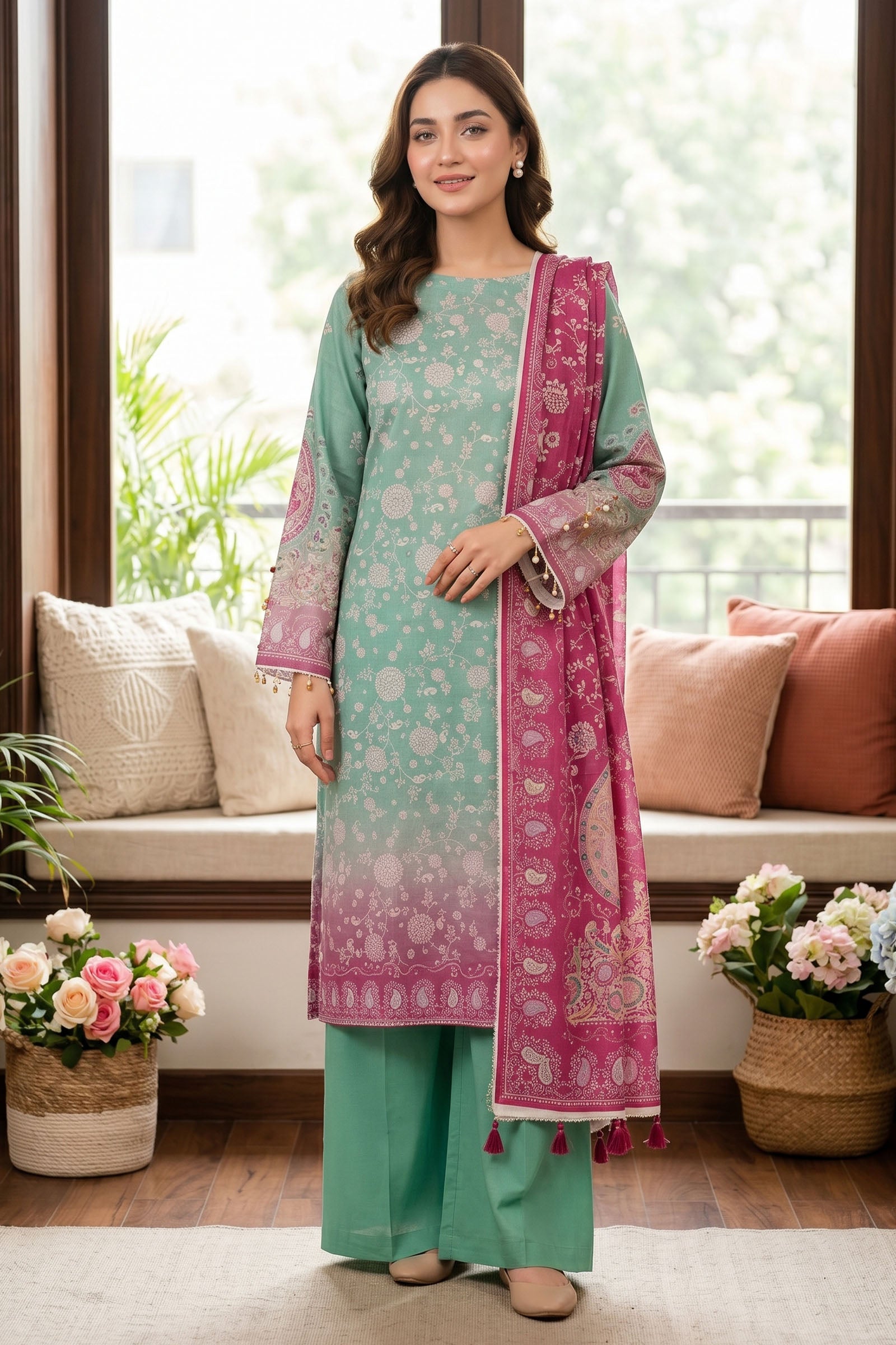 Hazel Green 3 Piece Unstitched Premium Printed Lawn