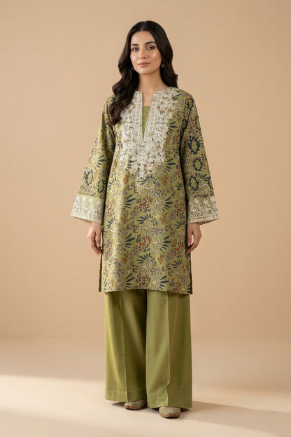 2 Piece Unstitched Embroidered Printed Khaddar - Olive Moss