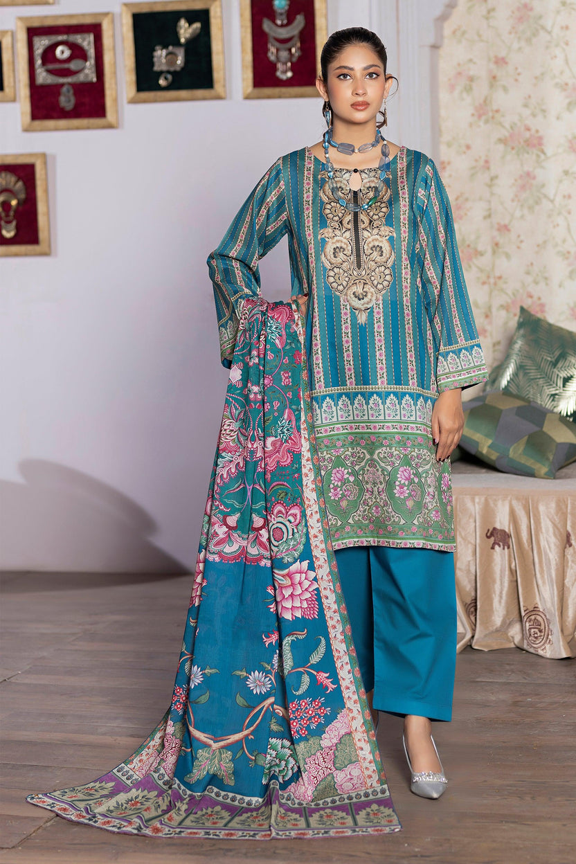3 Piece Unstitched Blue Printed Lawn Secondary image