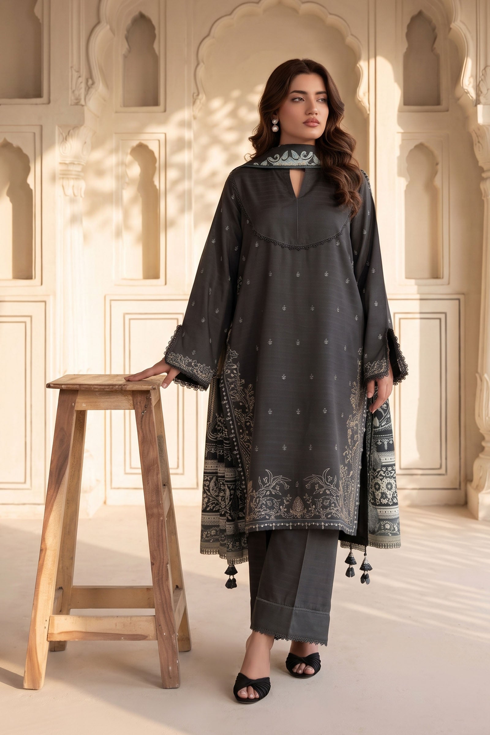Unstitched Premium Printed 3-Piece Pearl Black Suit Secondary image