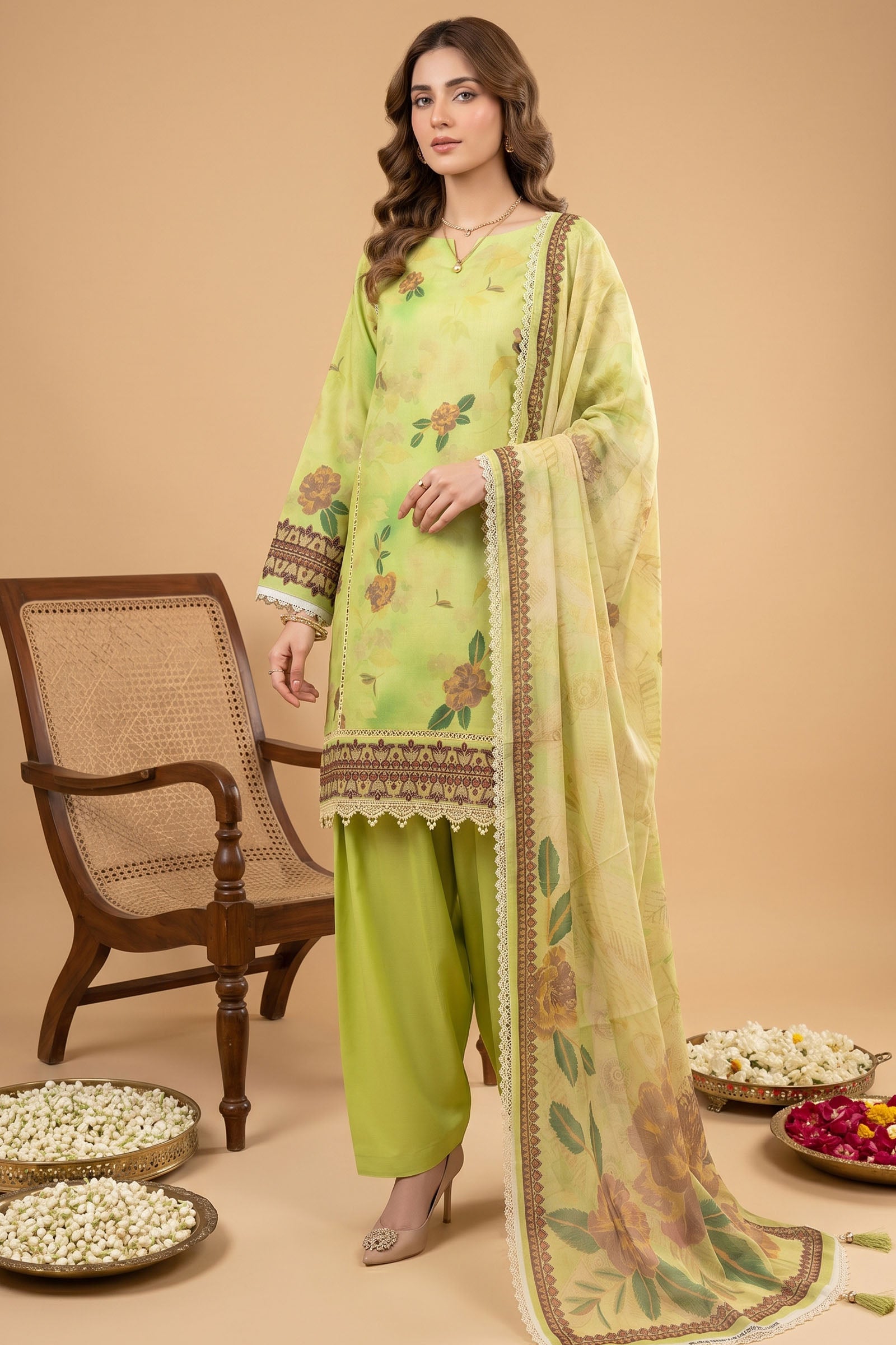 Yellow Green 3 Piece Unstitched Premium Printed Lawn