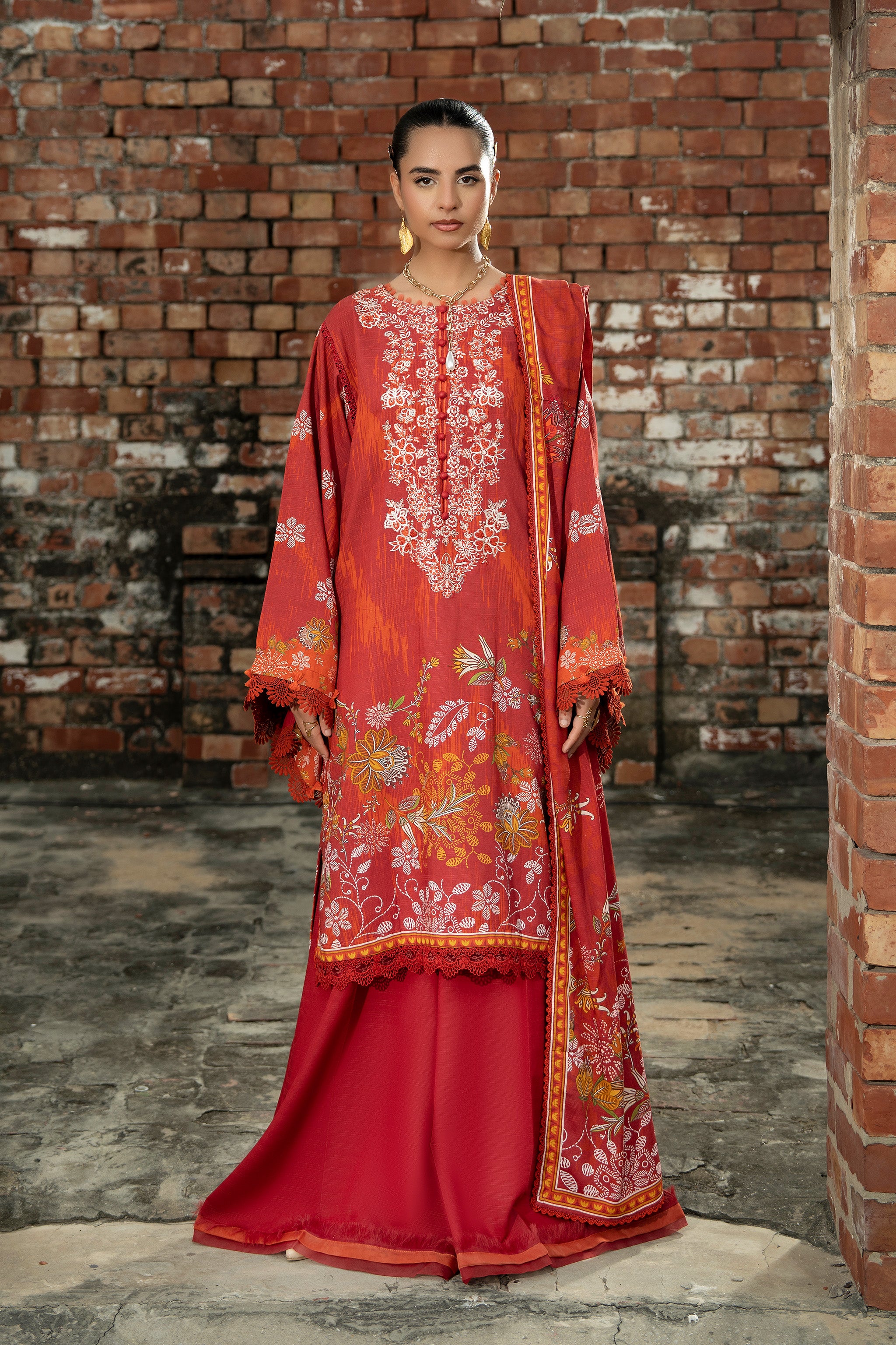 3 Piece Unstitched Rust Embroidered Linen