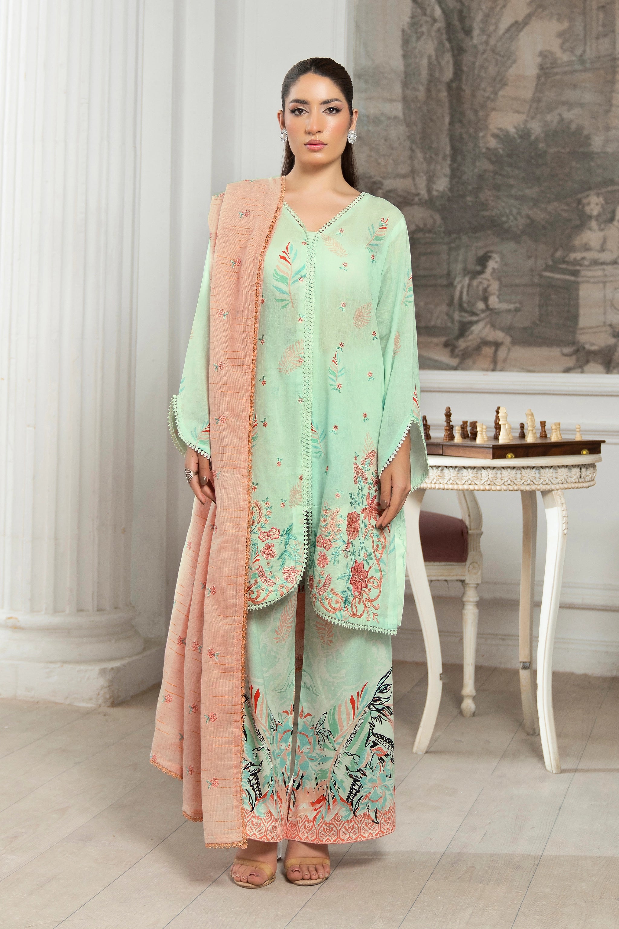 3 Piece Unstitched Tea Green Premium Emb Jacquard Lawn