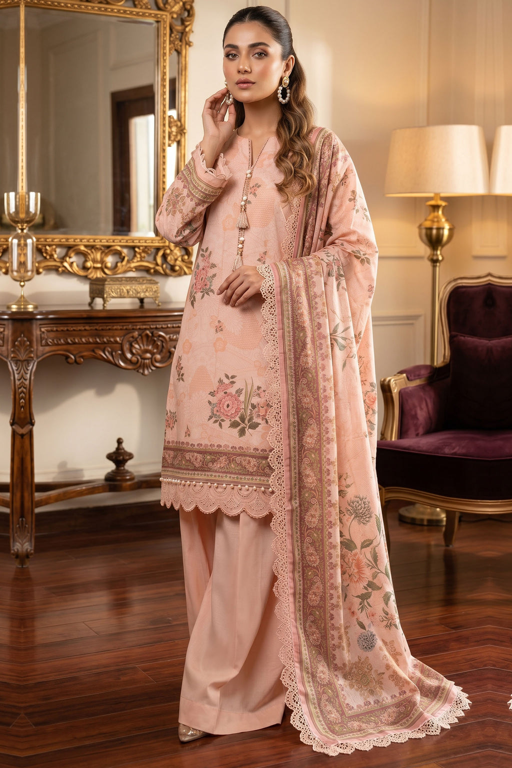 Peach 3 Piece Unstitched Premium Printed Lawn