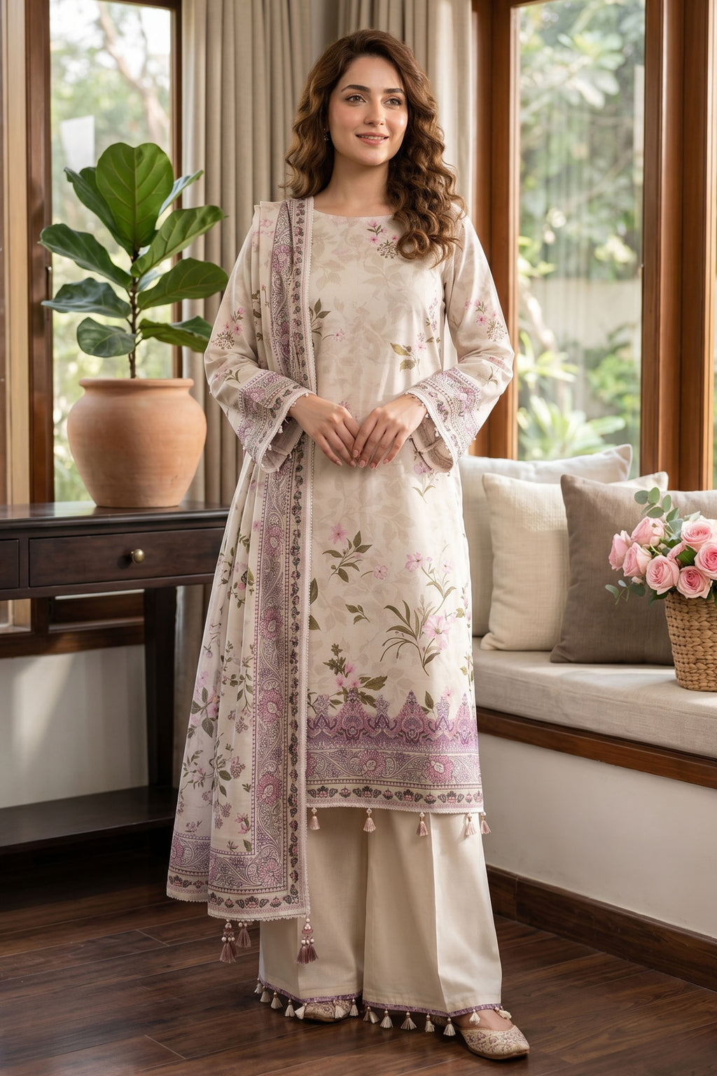 Light Beige 3 Piece Unstitched Premium Printed Lawn