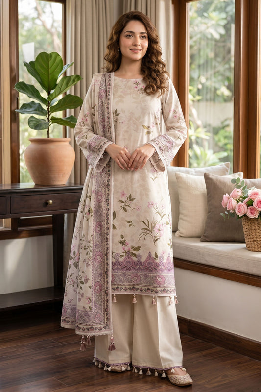 Light Beige 3 Piece Unstitched Premium Printed Lawn