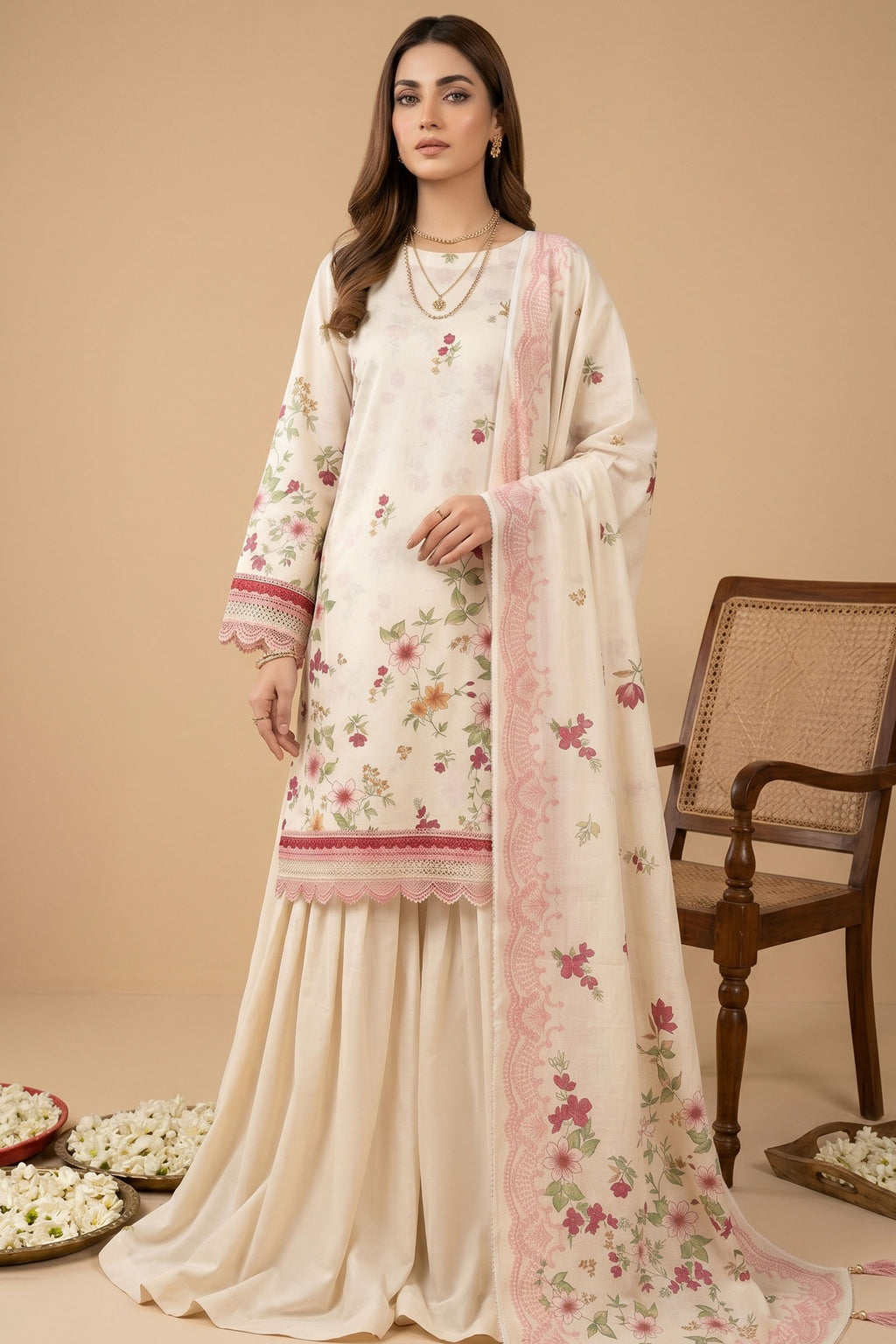 Bone 3 Piece Unstitched Premium Printed Lawn