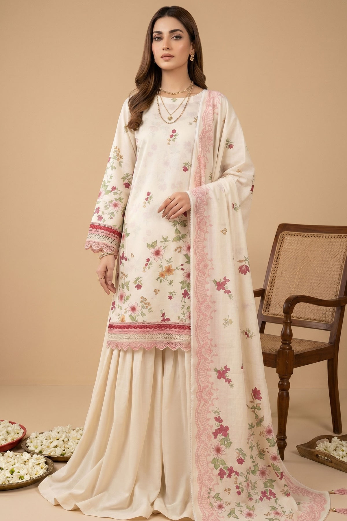 Bone 3 Piece Unstitched Premium Printed Lawn
