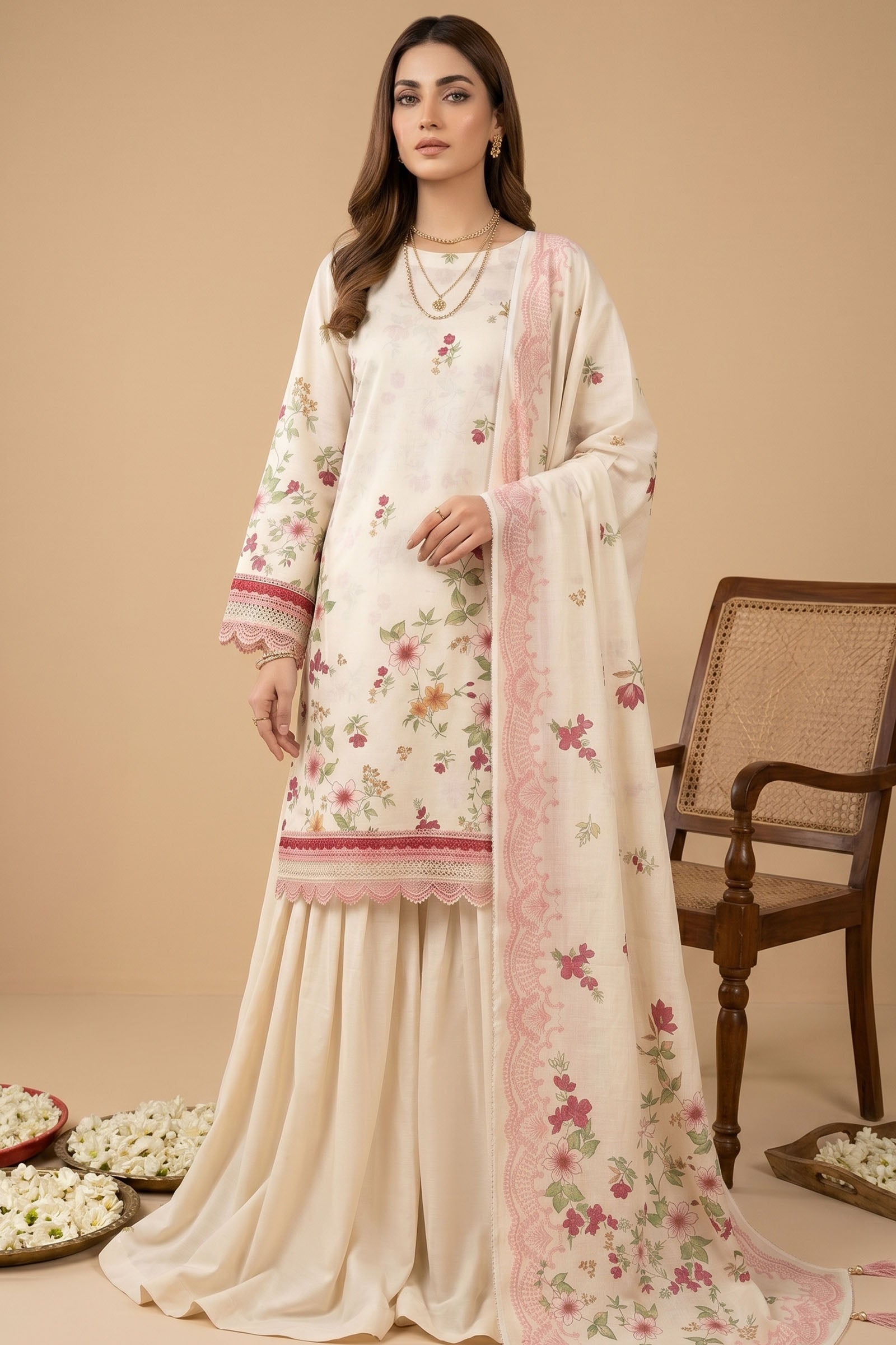 Bone 3 Piece Unstitched Premium Printed Lawn