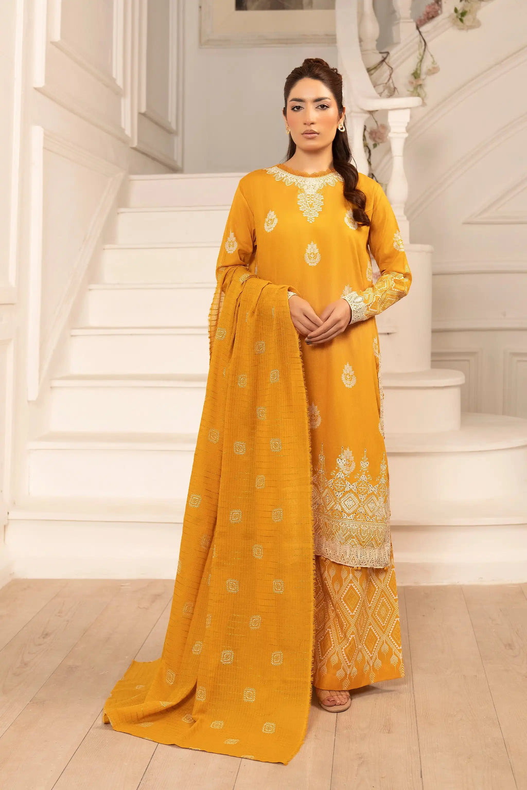 3 Piece Unstitched Orange Premium Emb Jacquard Lawn