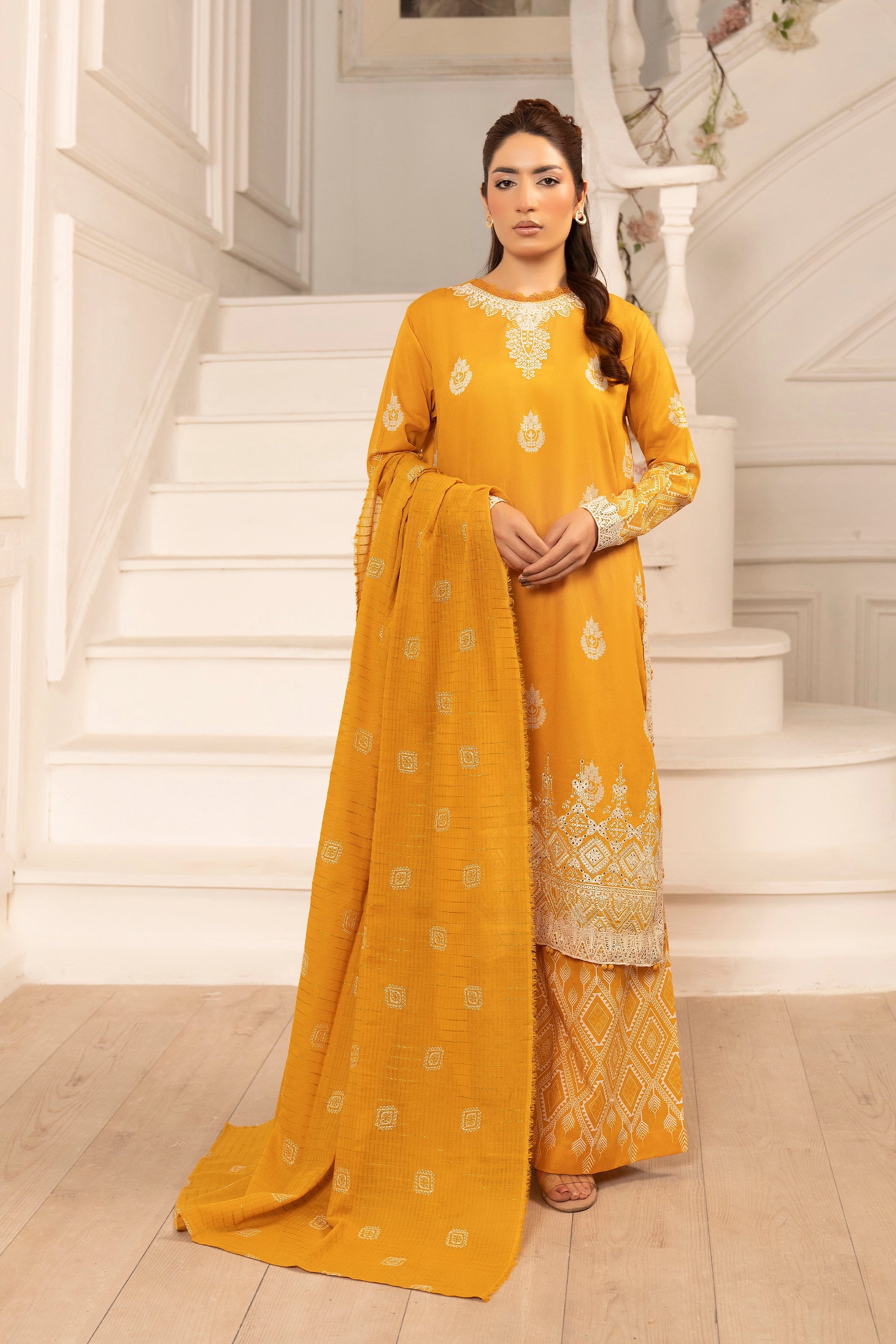 3 Piece Unstitched Orange Premium Emb Jacquard Lawn