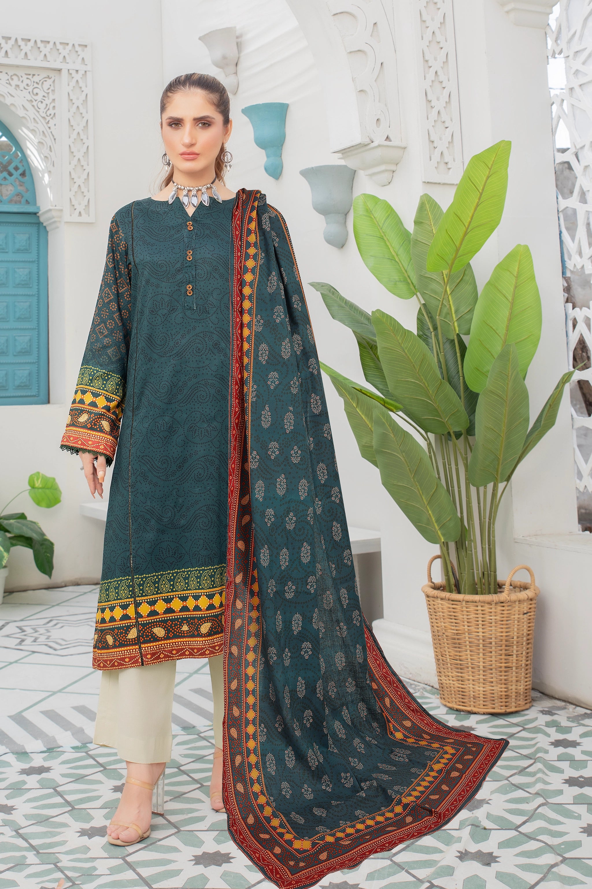 2 piece unstitched Mineral Green Twill Marina Suit - safa noor marina collection