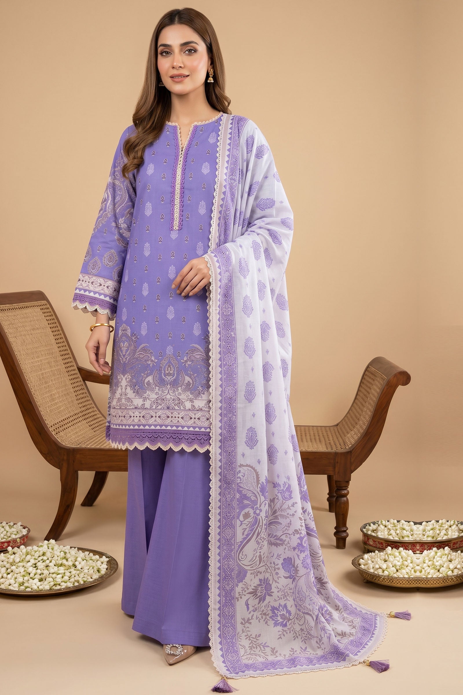 Purple 3 Piece Unstitched Premium Printed Lawn