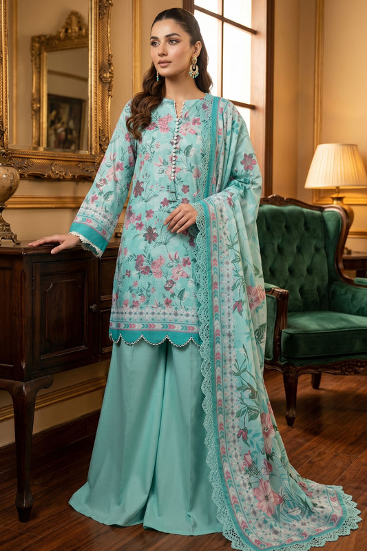 Cyan Green 3 Piece Unstitched Premium Printed Lawn