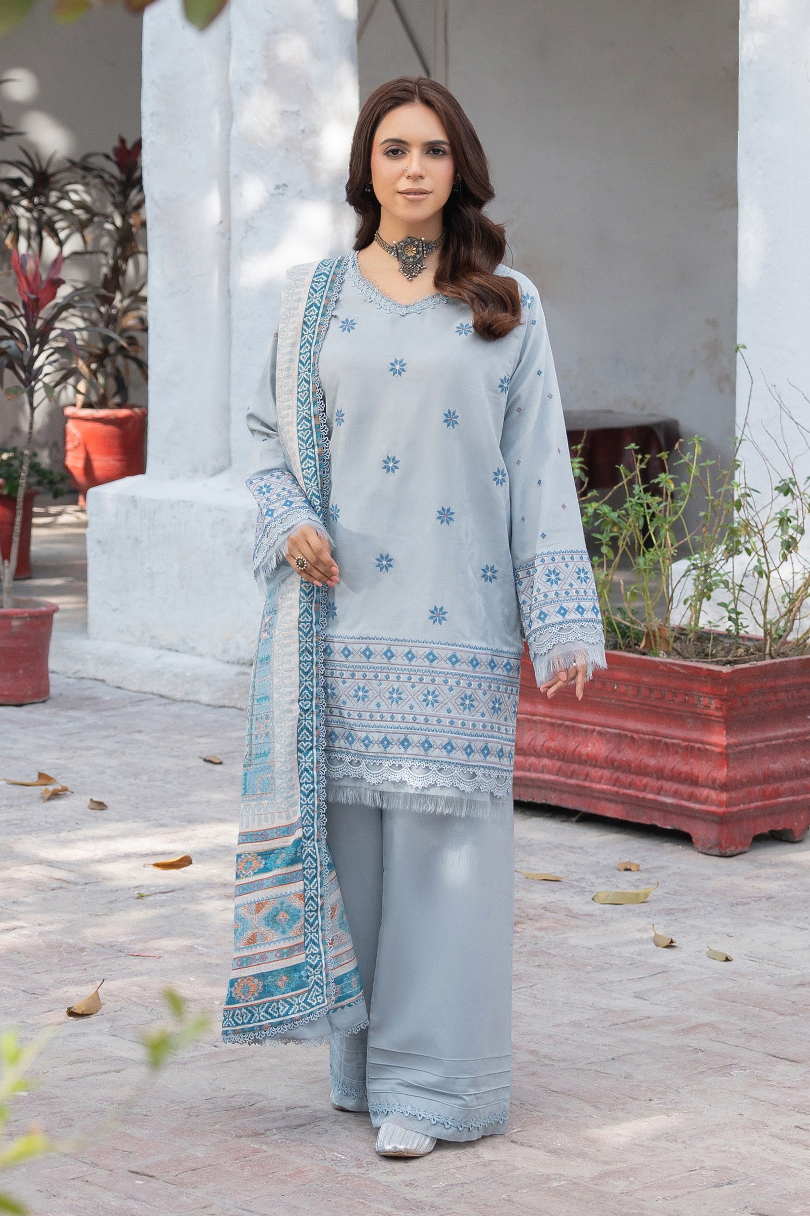 3 Piece Unstitched Pastel Blue Premium Emb Lawn