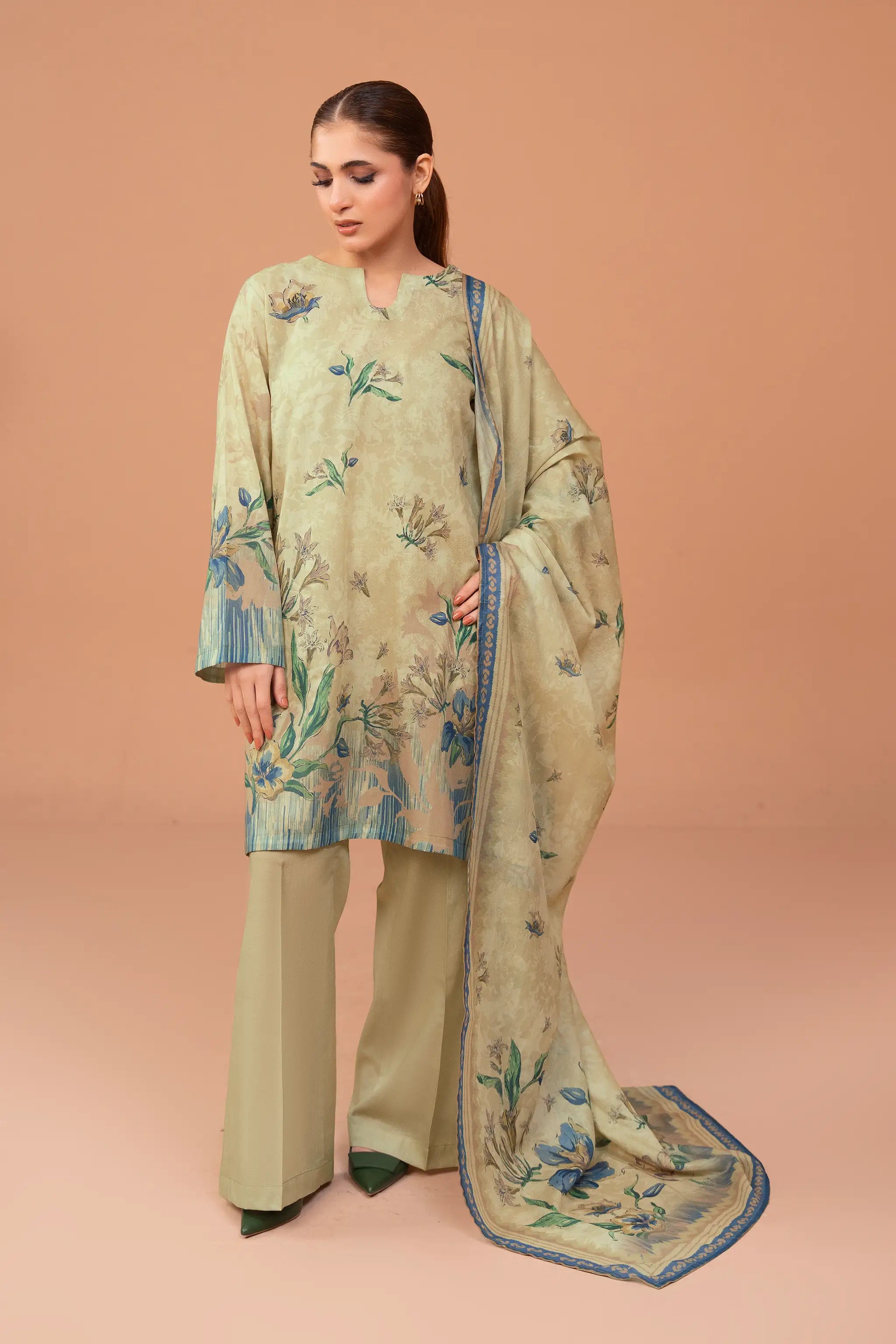 3 Piece Unstitched Tan Premium Printed Lawn