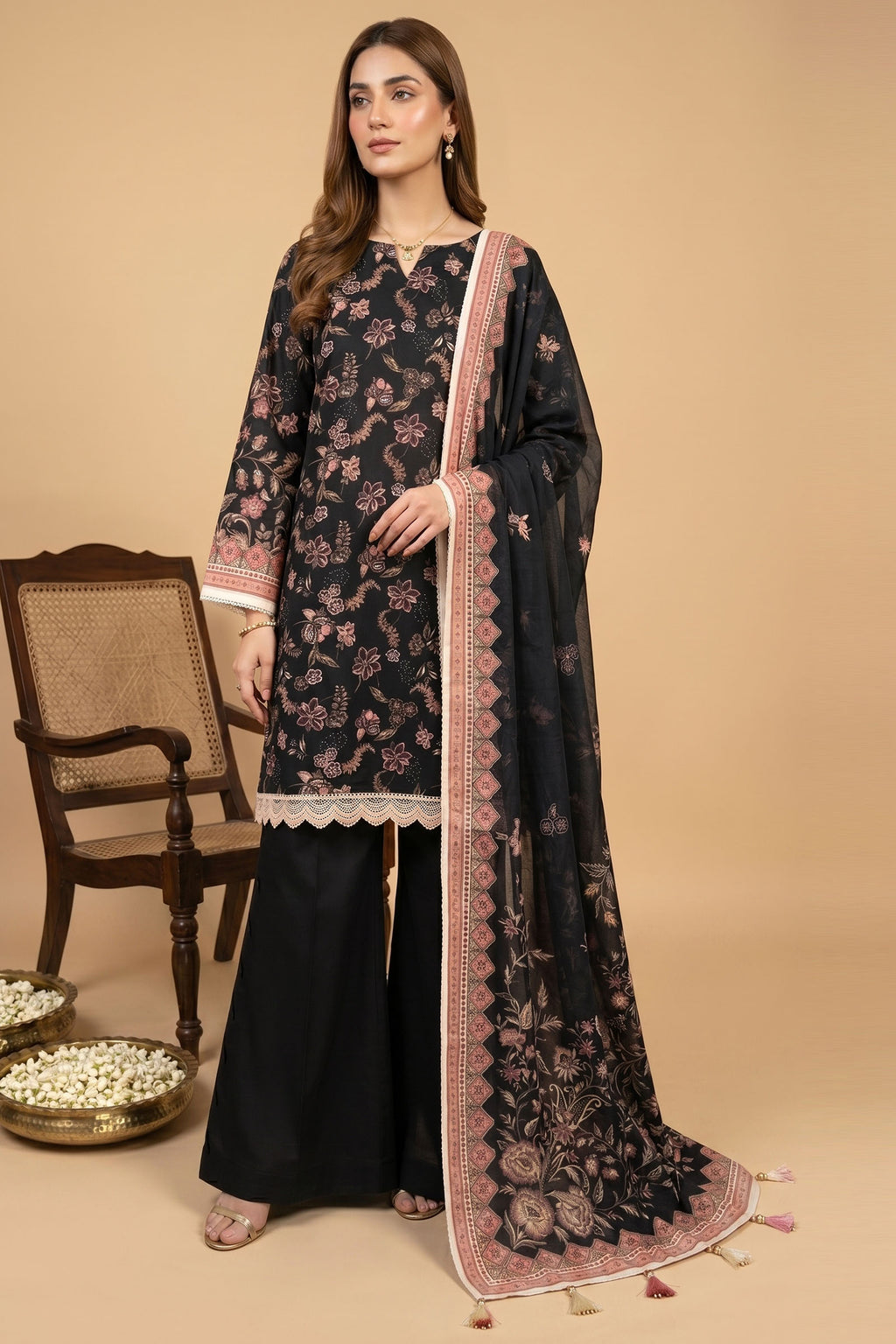 Black 3 Piece Unstitched Premium Printed Lawn