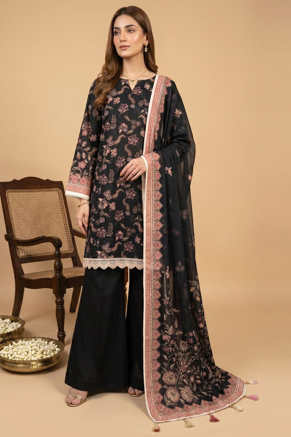 Black 3 Piece Unstitched Premium Printed Lawn