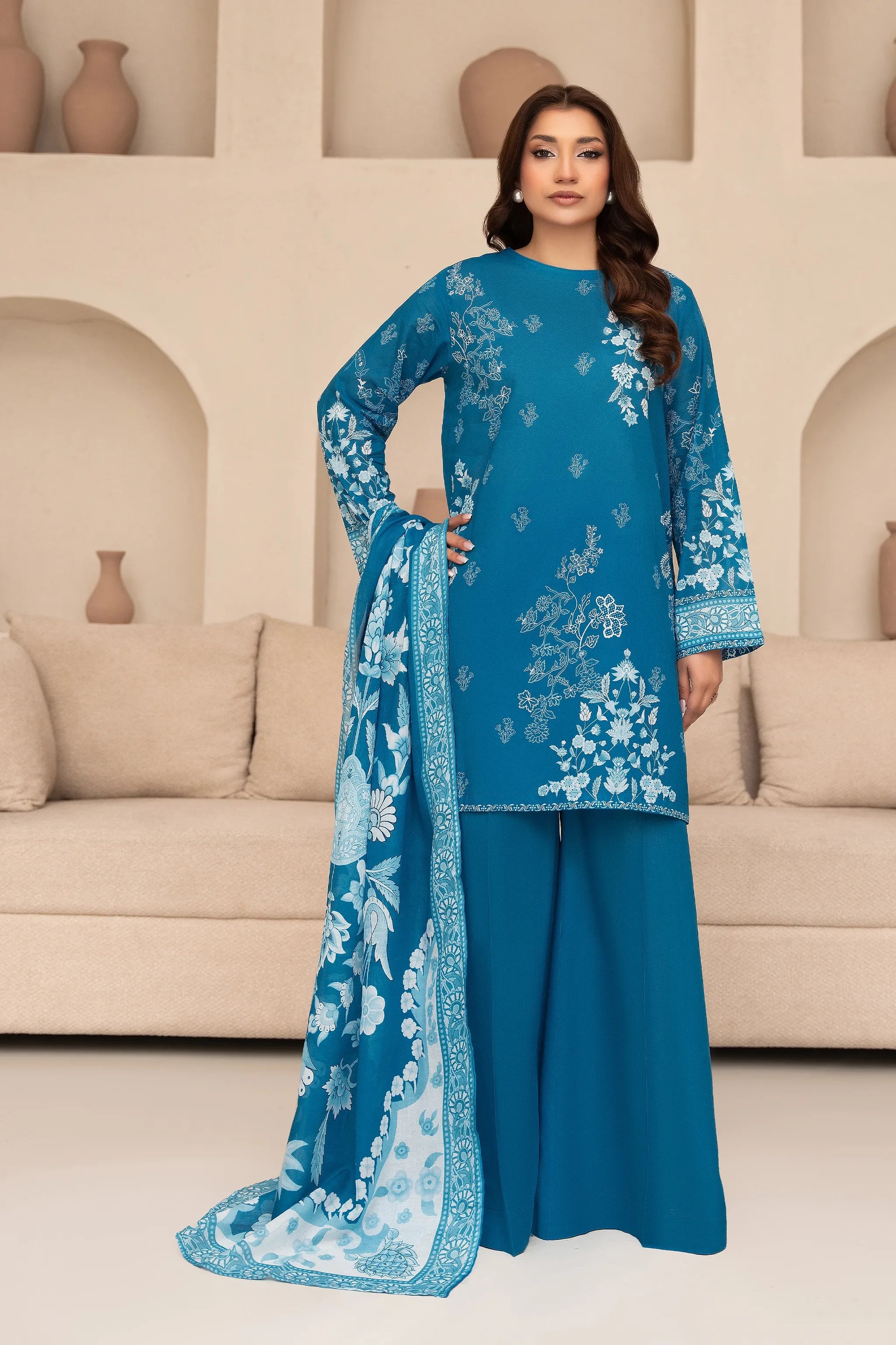 3 Piece Unstitched French Blue Premium Printed Lawn