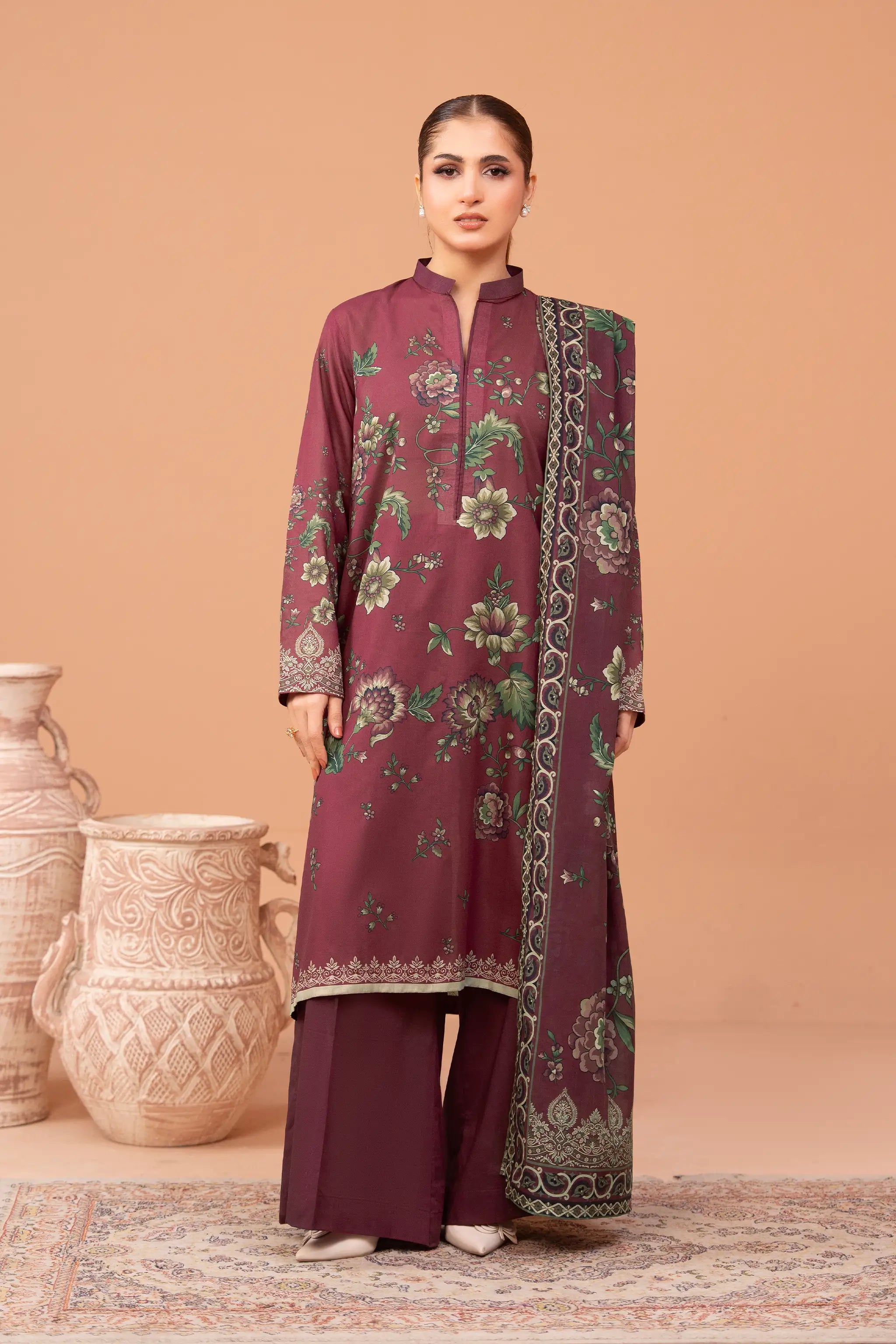3 Piece Unstitched Wine Premium Printed Lawn