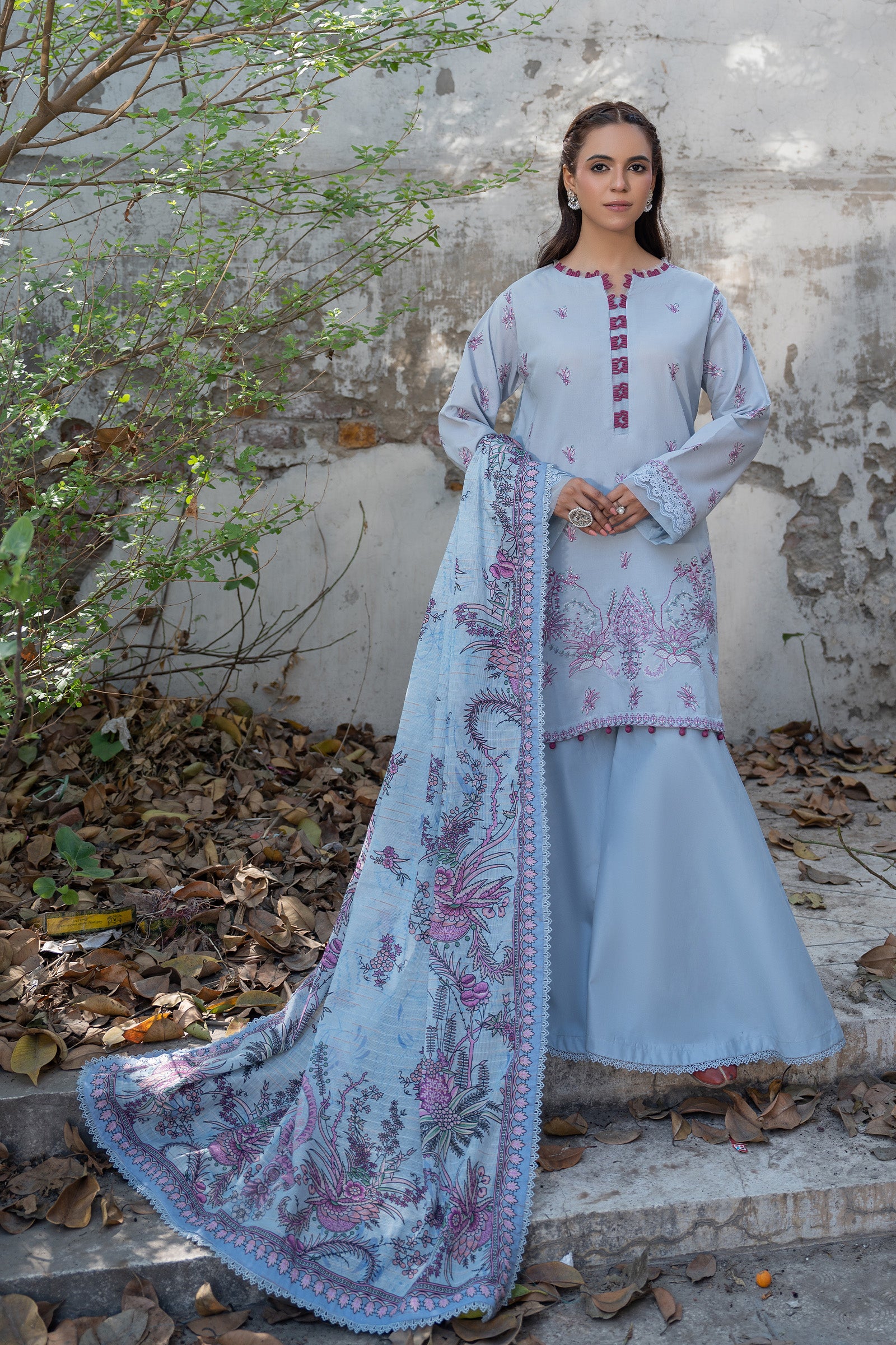 3 Piece Unstitched Carolina Blue Premium Emb Lawn