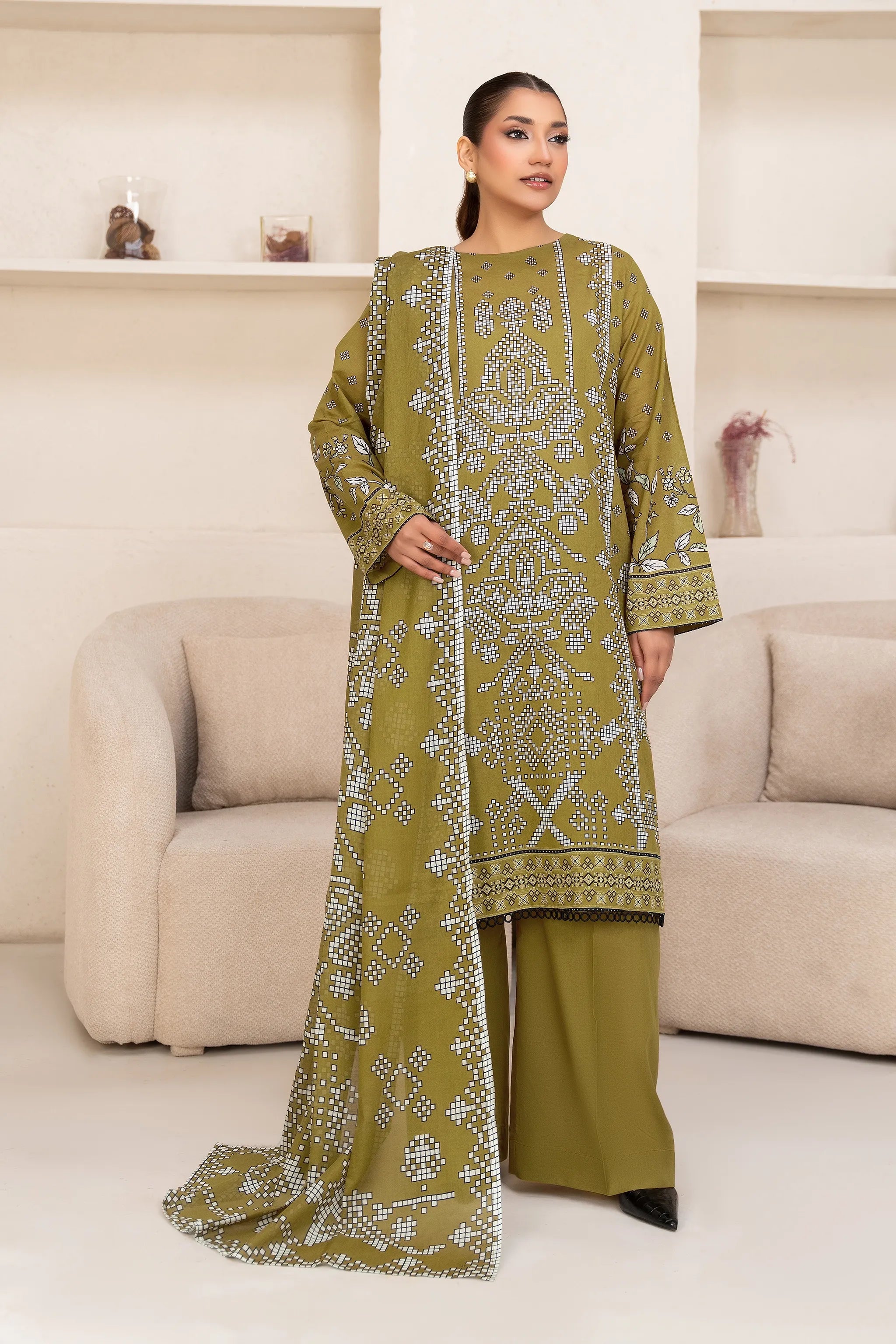 3 Piece Unstitched Brass Premium Printed Lawn