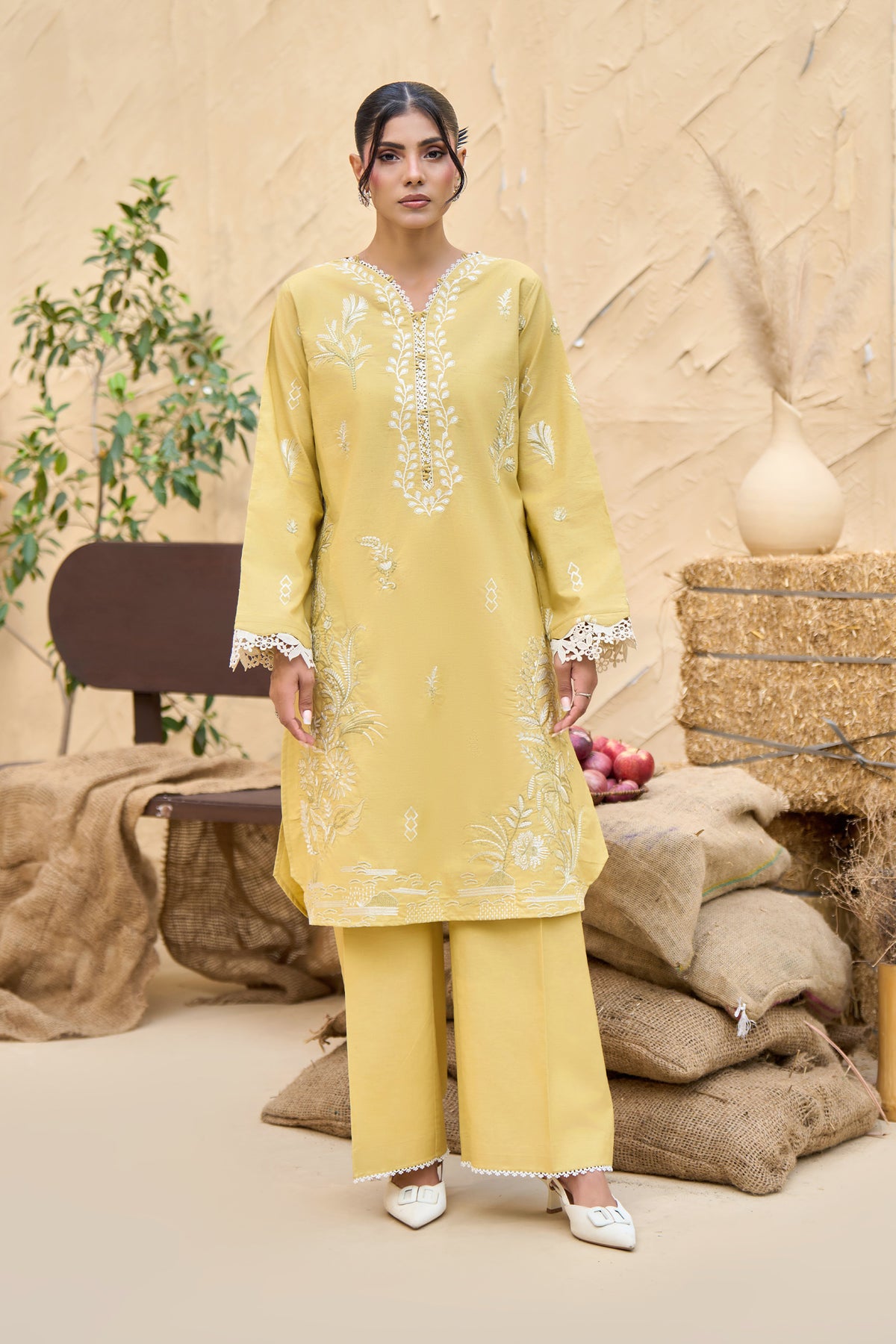 Mustard Yellow 2 piece warm napped suit, Ivory leaf embroidery warm napped shirt, Lace trim V neck, Crochet lace cuff shirt-SAFANOOR