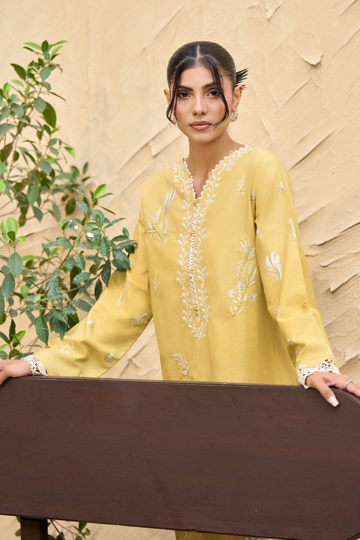 Mustard Yellow 2 piece warm napped suit, Ivory leaf embroidery warm napped shirt, Lace trim V neck, Crochet lace cuff shirt-SAFANOOR