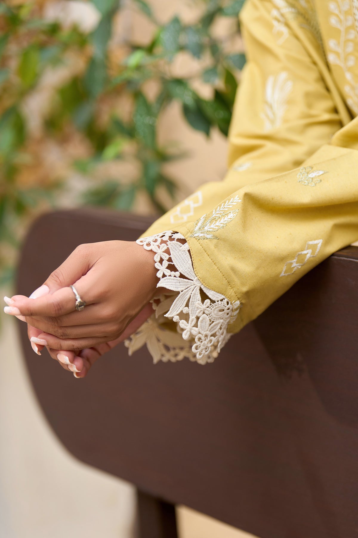 Mustard Yellow 2 piece warm napped suit, Ivory leaf embroidery warm napped shirt, Lace trim V neck, Crochet lace cuff shirt-SAFNOOR
