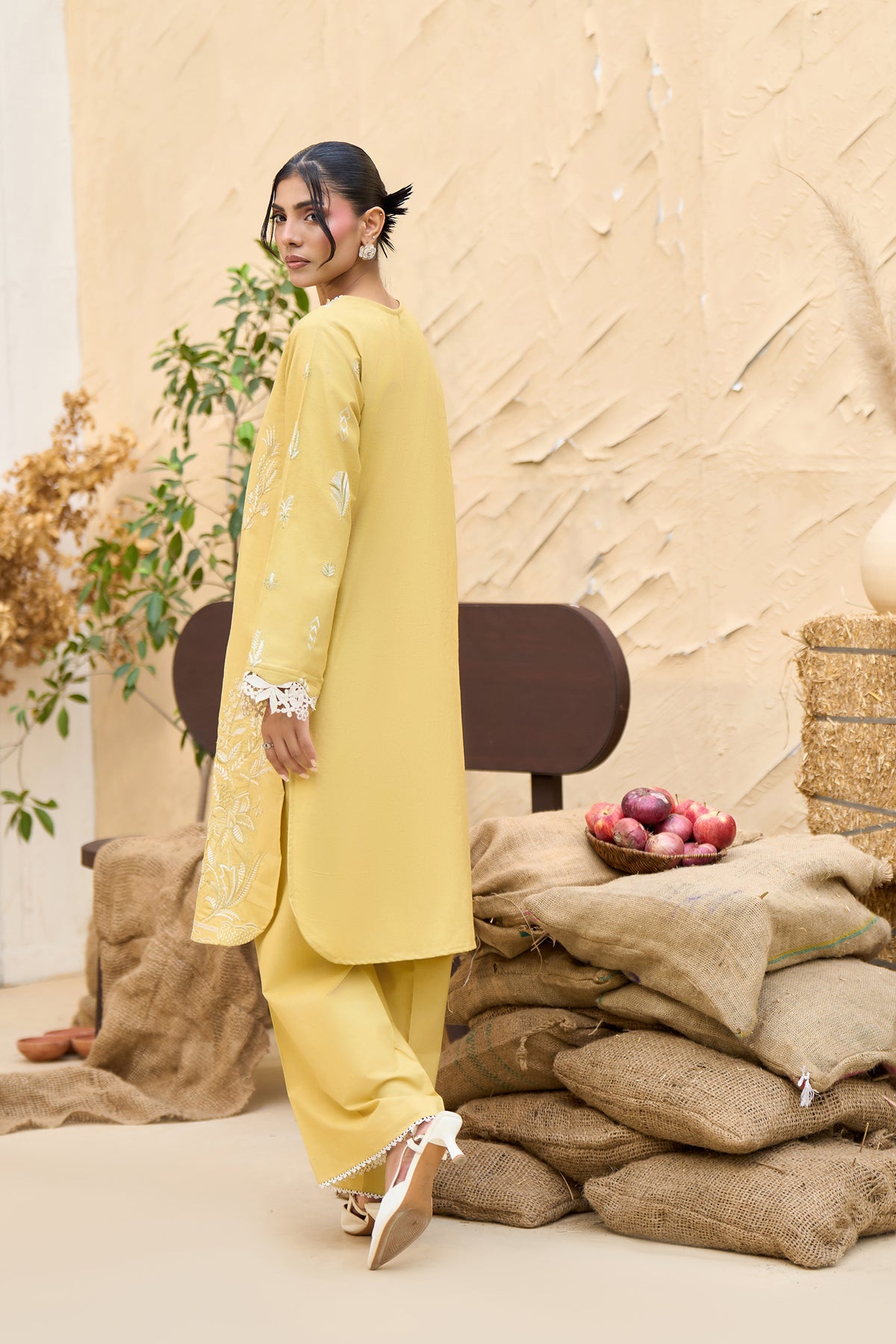 Mustard Yellow 2 piece warm napped suit, Ivory leaf embroidery warm napped shirt, Lace trim V neck, Crochet lace cuff shirt-SAFANOOR