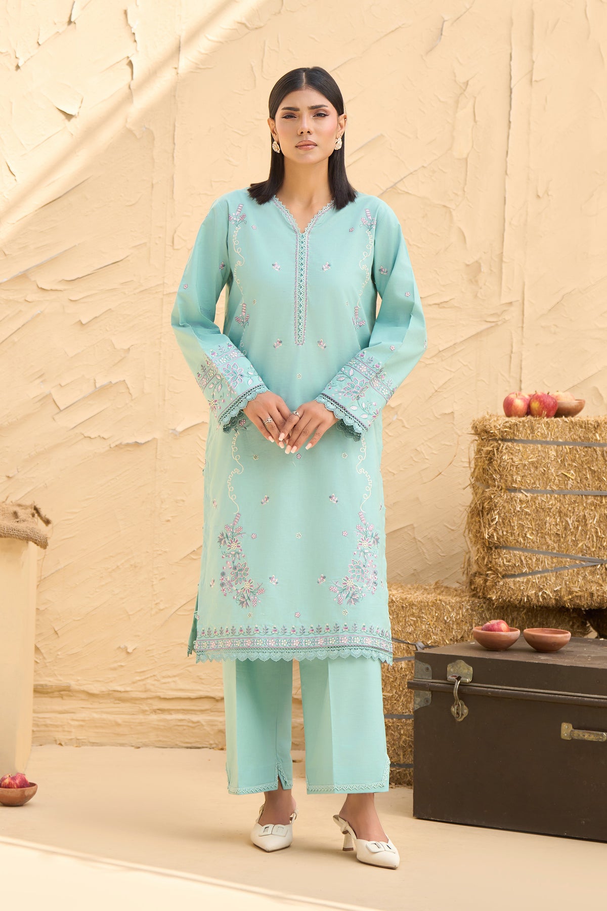 Sky Blue 2 piece warm napped suit, Pastel embroidered warm napped shirt, Lace trim V neck embroidery, Lace hem trouser warm napped-SAFANOOR