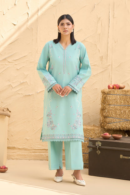Sky Blue 2 piece warm napped suit, Pastel embroidered warm napped shirt, Lace trim V neck embroidery, Lace hem trouser warm napped-SAFANOOR