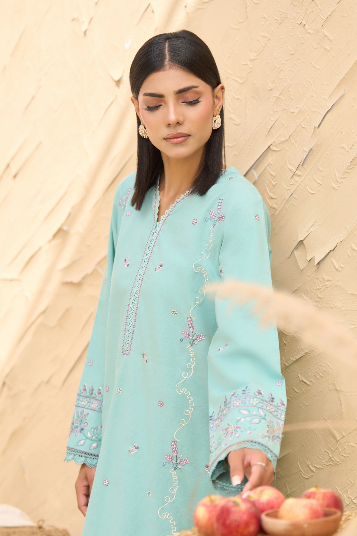 Sky Blue 2 piece warm napped suit, Pastel embroidered warm napped shirt, Lace trim V neck embroidery, Lace hem trouser warm napped-SAFANOOR