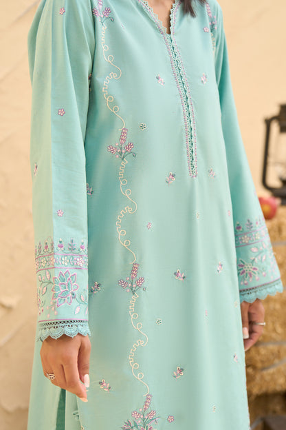 Sky Blue 2 piece warm napped suit, Pastel embroidered warm napped shirt, Lace trim V neck embroidery, Lace hem trouser warm napped-SAFANOOR