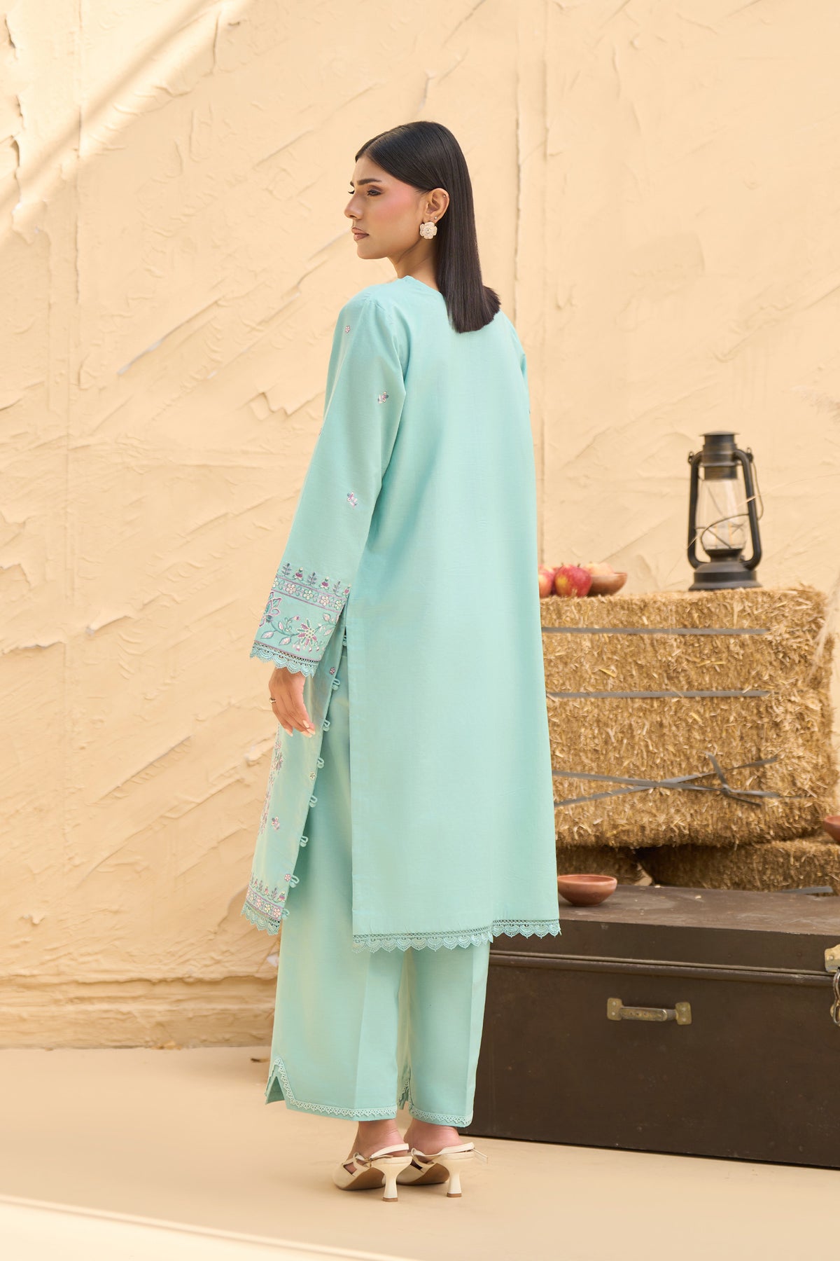 Sky Blue 2 piece warm napped suit, Pastel embroidered warm napped shirt, Lace trim V neck embroidery, Lace hem trouser warm napped-SAFANOOR