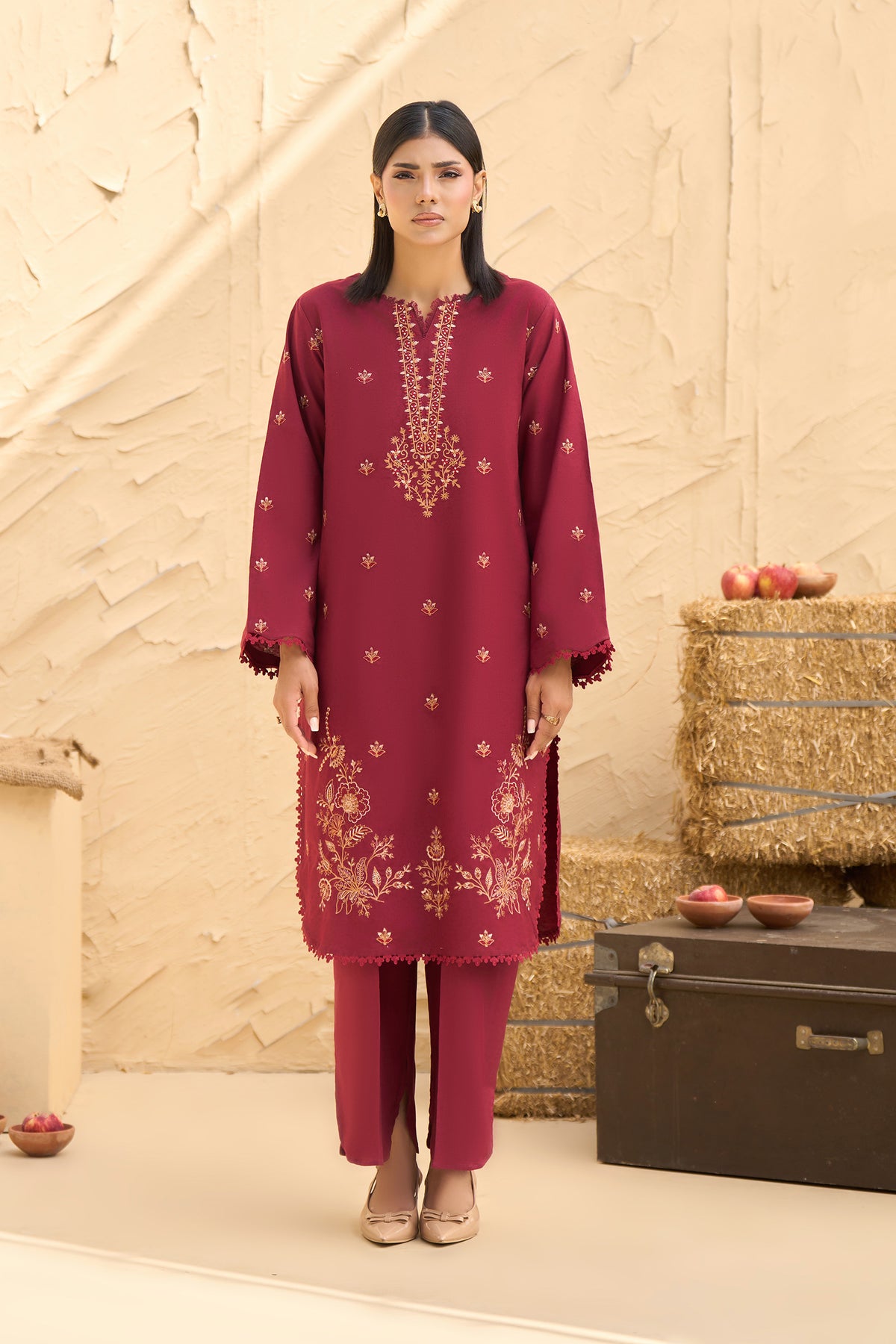 Ruby Red 2 piece warm napped suit, Gold embroidered warm napped shirt, Floral hem embroidery, Lace trim warm napped shirt-SAFANOOR