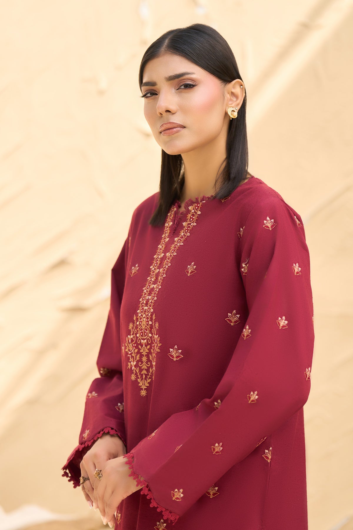 Ruby Red 2 piece warm napped suit, Gold embroidered warm napped shirt, Floral hem embroidery, Lace trim warm napped shirt-SAFANOOR
