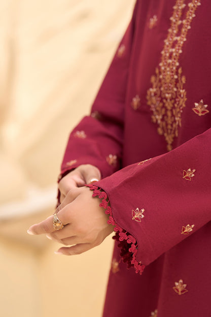 Ruby Red 2 piece warm napped suit, Gold embroidered warm napped shirt, Floral hem embroidery, Lace trim warm napped shirt-SAFANOOR