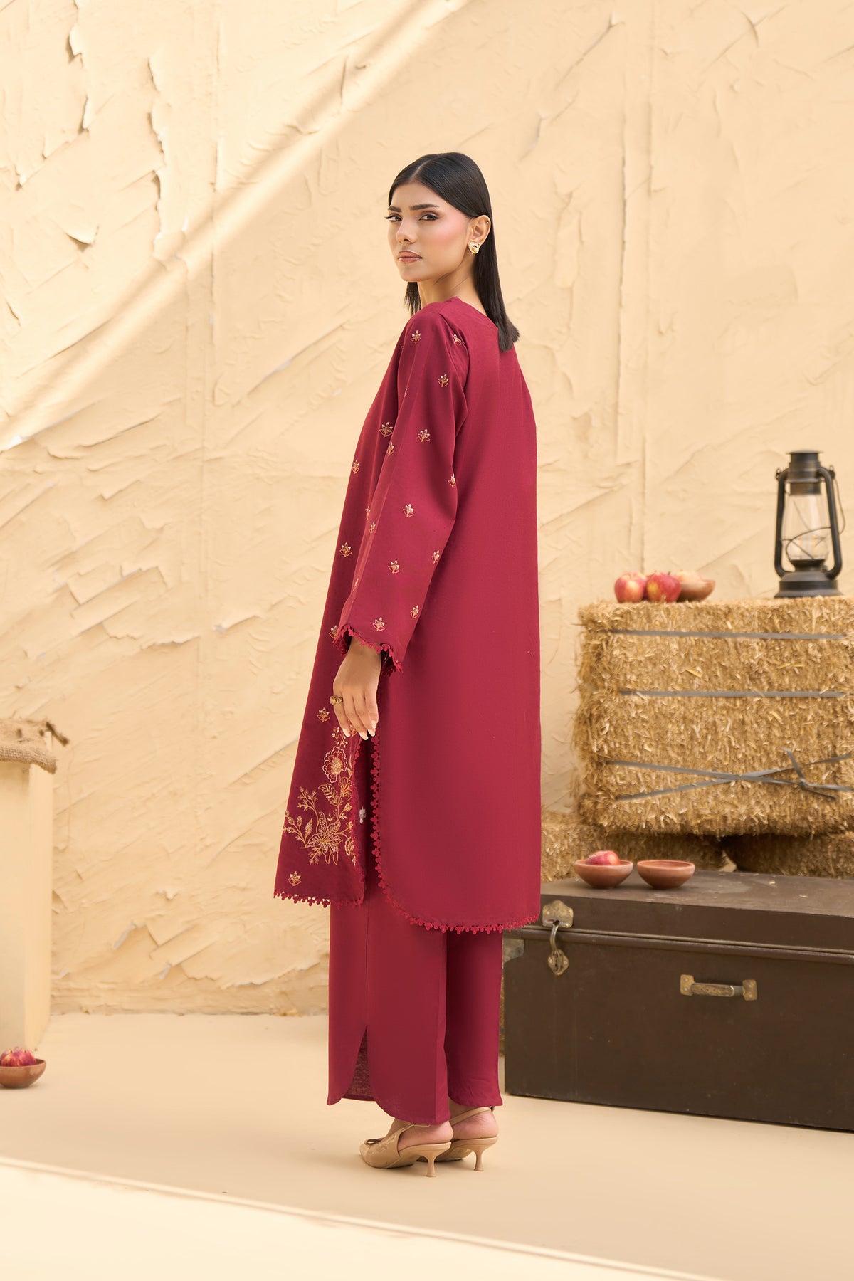 Ruby Red 2 piece warm napped suit, Gold embroidered warm napped shirt, Floral hem embroidery, Lace trim warm napped shirt-SAFANOOR
