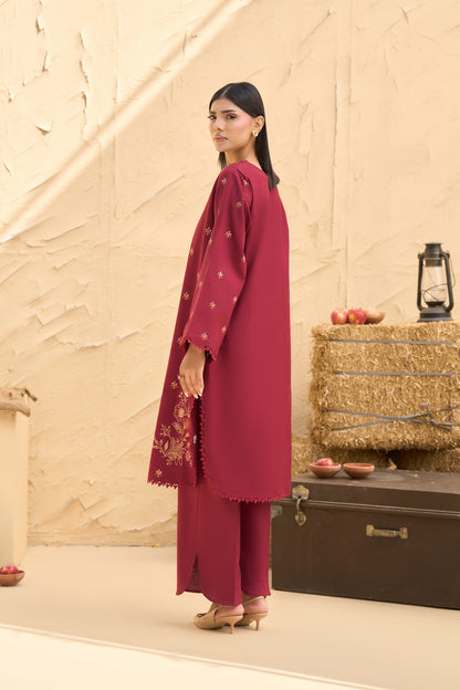 Ruby Red 2 piece warm napped suit, Gold embroidered warm napped shirt, Floral hem embroidery, Lace trim warm napped shirt-SAFANOOR