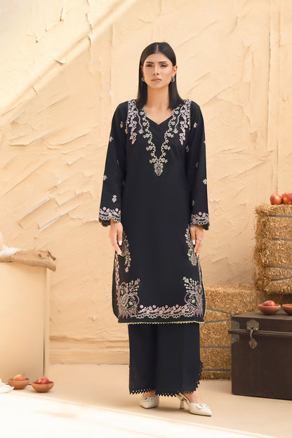 Black unstitched embroidered suit, Lilac and sage thread V neck embroidery, Paisley border on black shirt hem, Scalloped lace hem black trouser-SAFANOOR