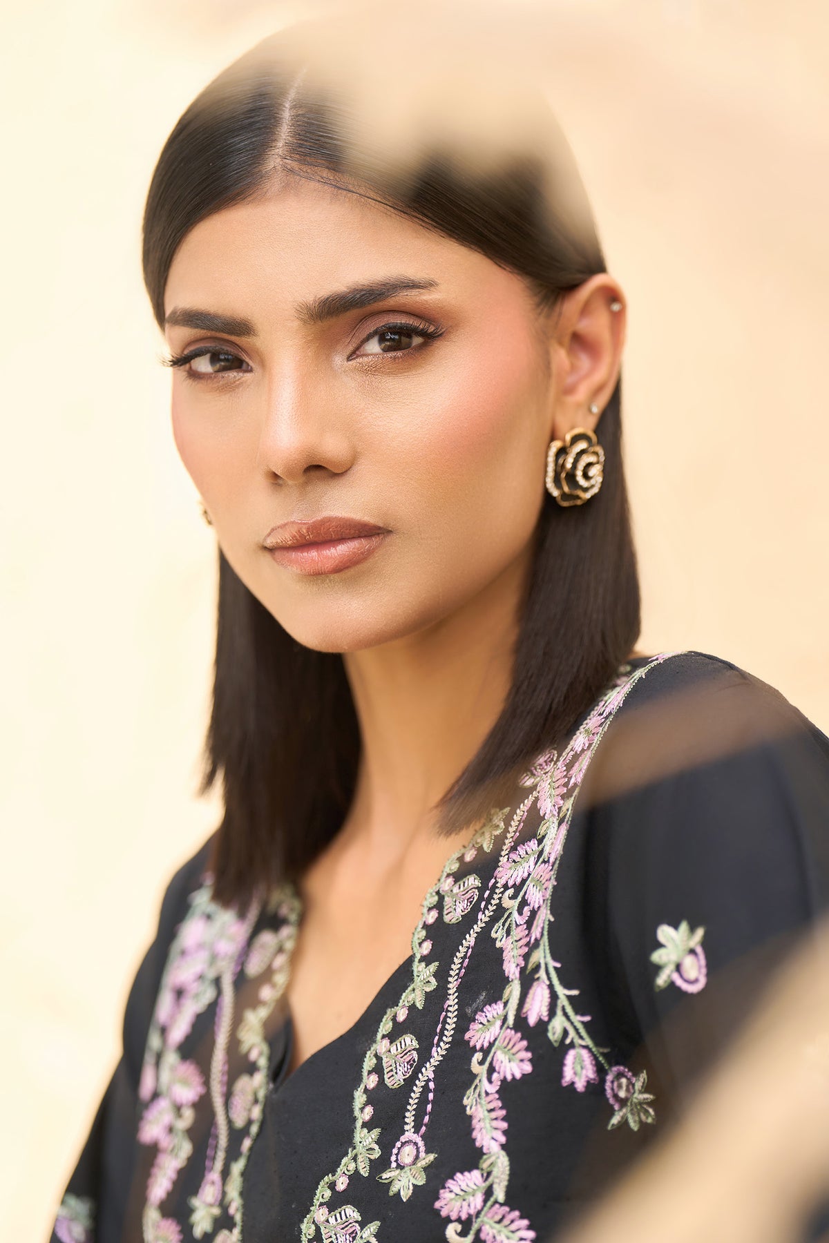 Black unstitched embroidered suit, Lilac and sage thread V neck embroidery, Paisley border on black shirt hem, Scalloped lace hem black trouser-SAFANOOR