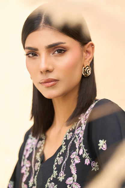 Black unstitched embroidered suit, Lilac and sage thread V neck embroidery, Paisley border on black shirt hem, Scalloped lace hem black trouser-SAFANOOR